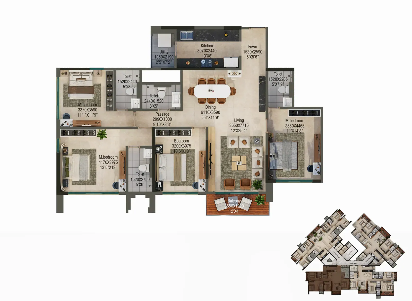 Furnished apartment floor plan with key plan