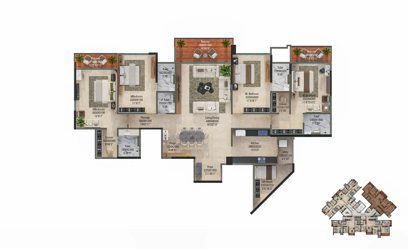 Furnished apartment floor plan with key plan