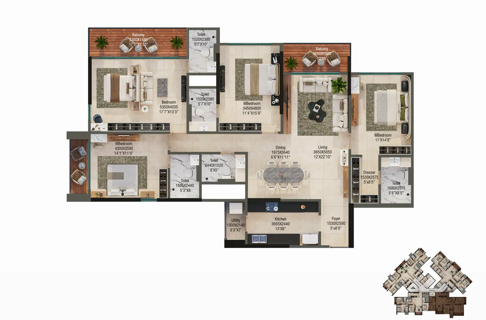 Furnished apartment floor plan with key plan
