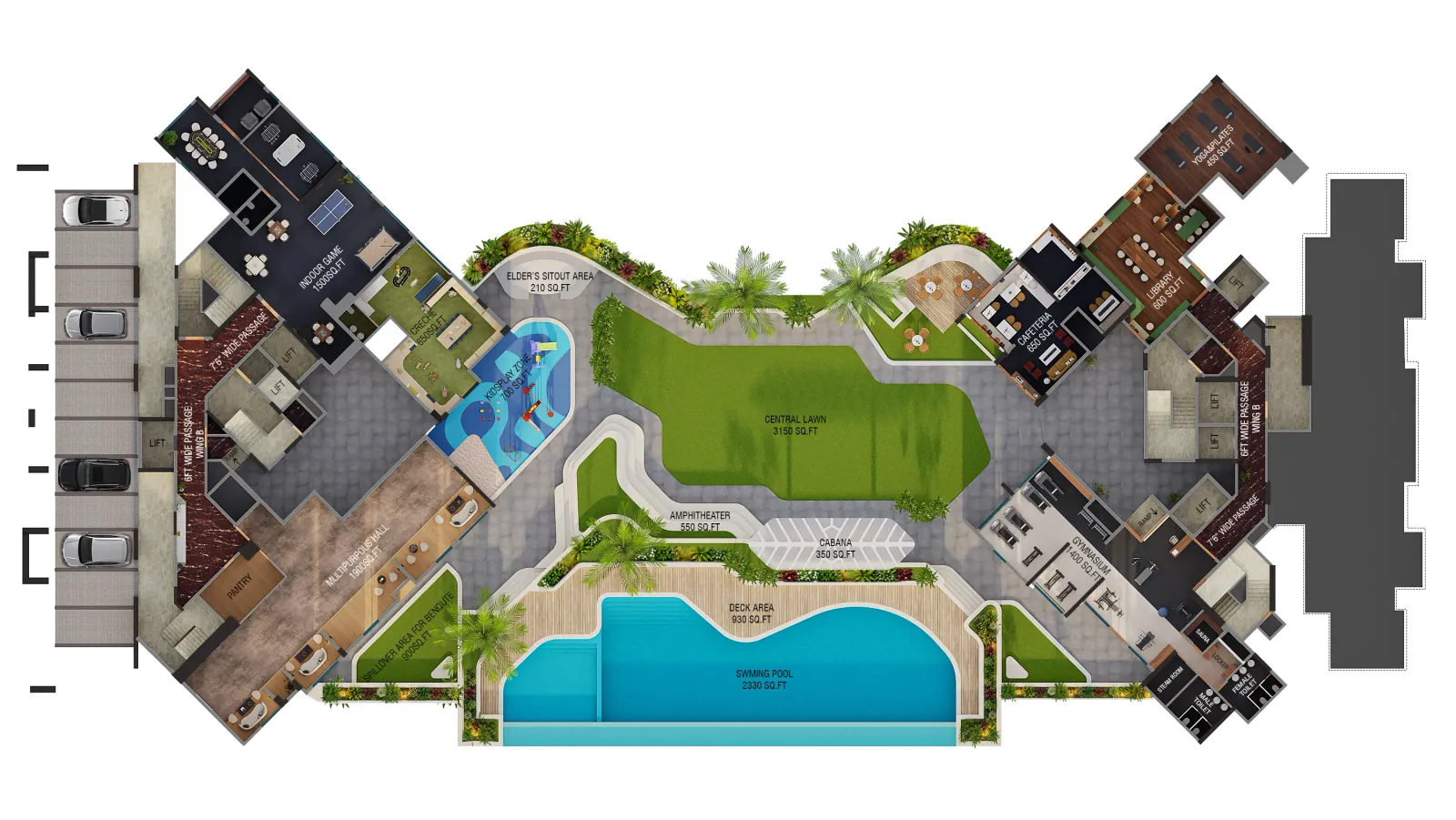 Amenity floor plan with pool and lawns