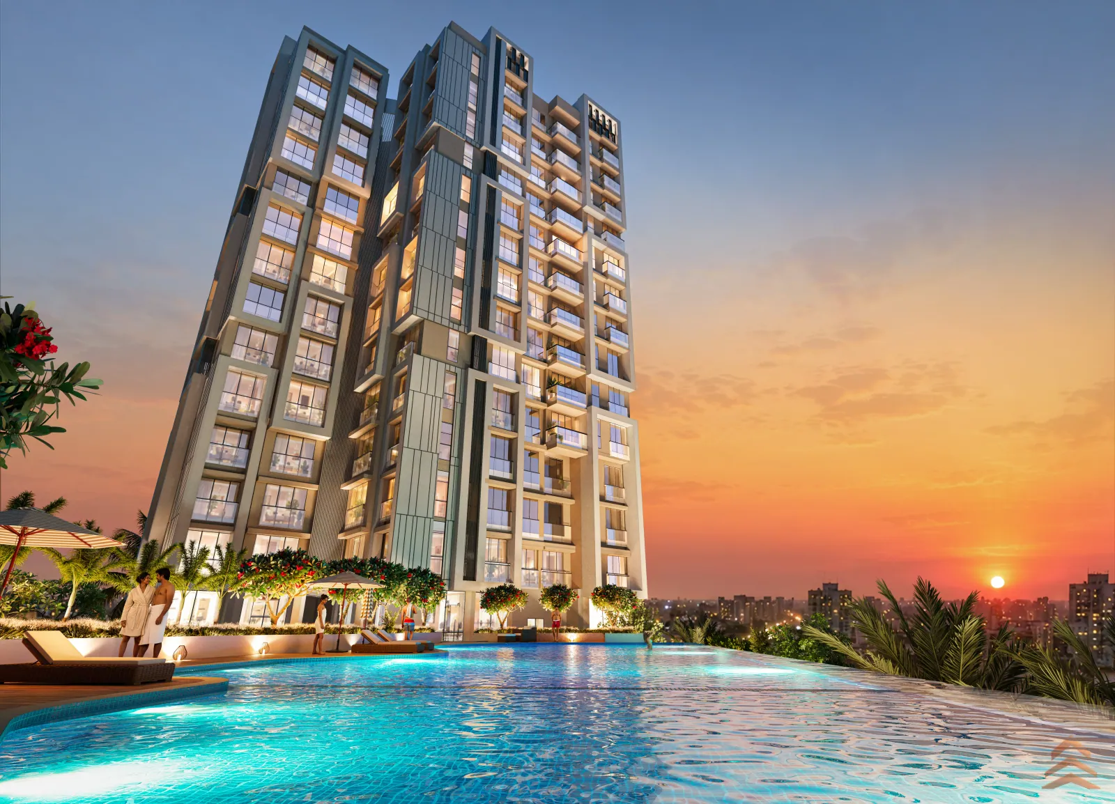 Infinity pool at sunset, Ghatkopar residential towers