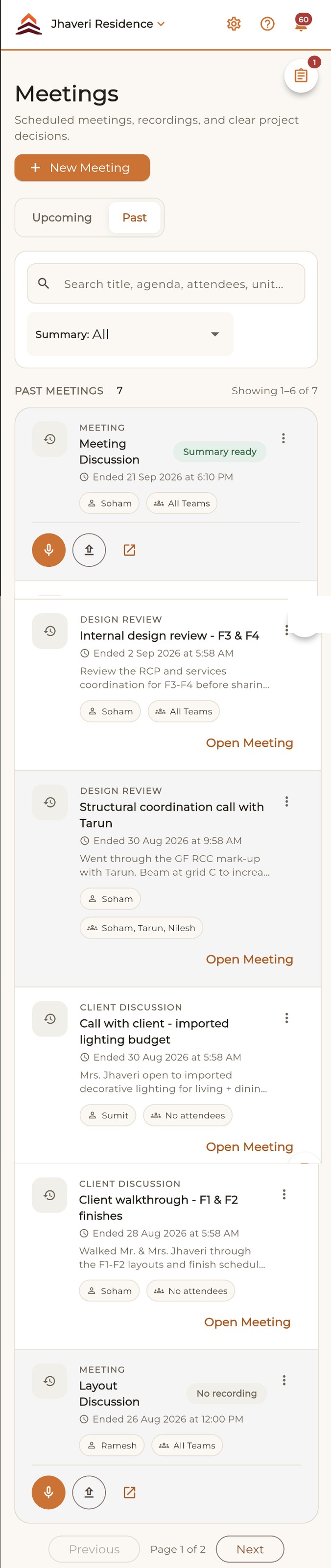 Anantam Design Manager meetings screen, scrolled top to bottom
