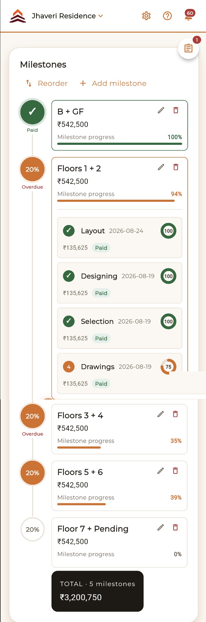 Anantam Design Manager payment milestones screen, scrolled top to bottom