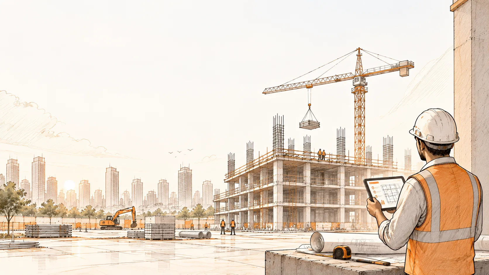 A site supervisor checking the project timeline on a tablet, with a crane and the skyline behind