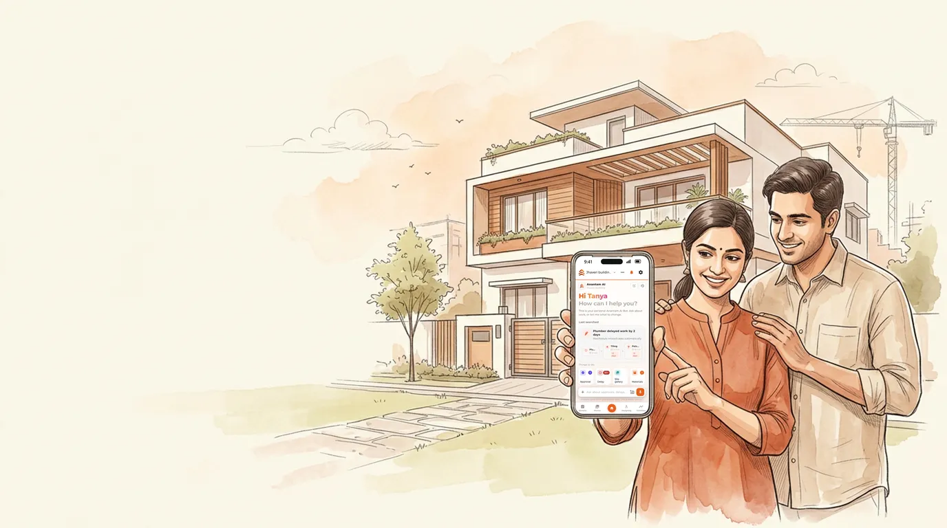Sketch of a couple in front of their new home, looking at the Site Manager 2.0 app on their phone